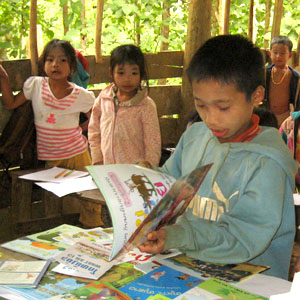 Children at a Big Brother Mouse book party in Laos